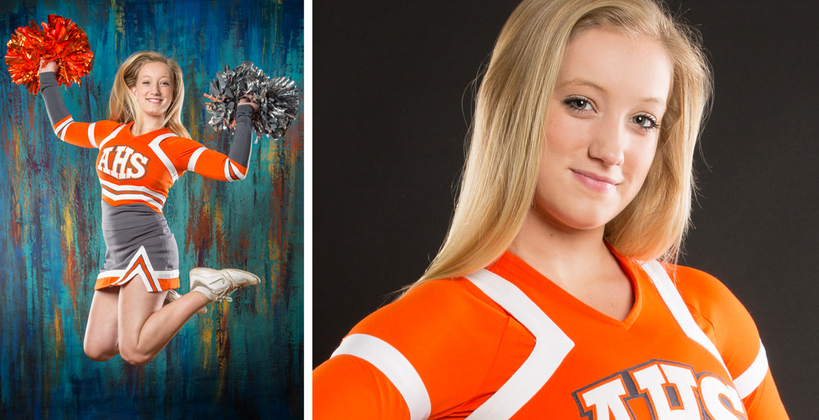 Atascadero High School Cheerleader Senior Portrait - Creative Senior Portraits in Studio - Local Senior Portrait Studio Near Me - Atascadero Photography Studio - In door and Outdoor Senior Portraits in San Luis Obispo - Paso Robles High School Senior Photography - Studio 101 West Photography